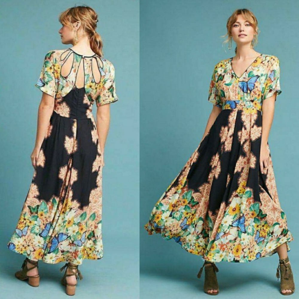 Anthropologie Floral Maxi Dress - Black, Blue, Green, Yellow